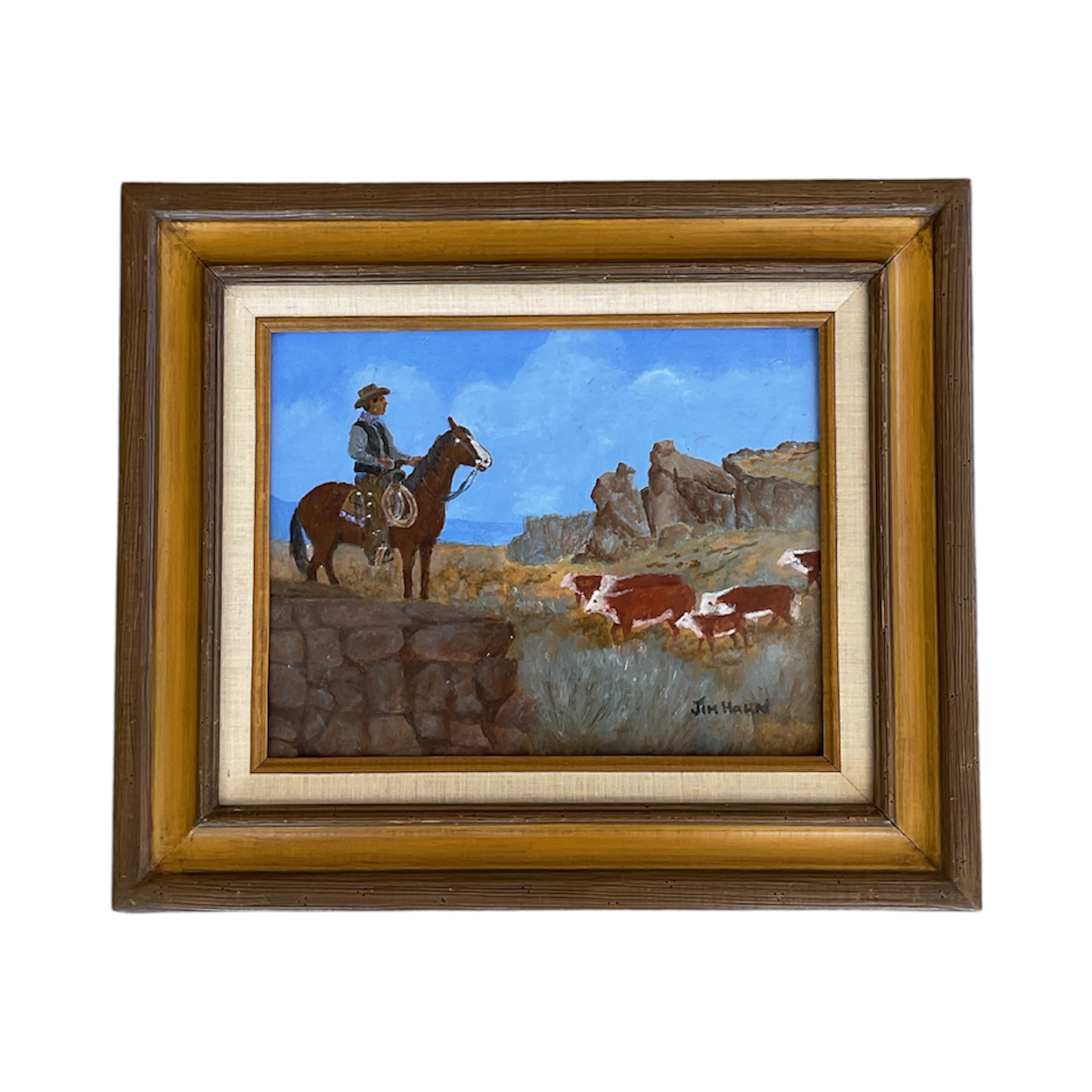 Framed Western Oil Painting - Cowboy on Horse with Cattle