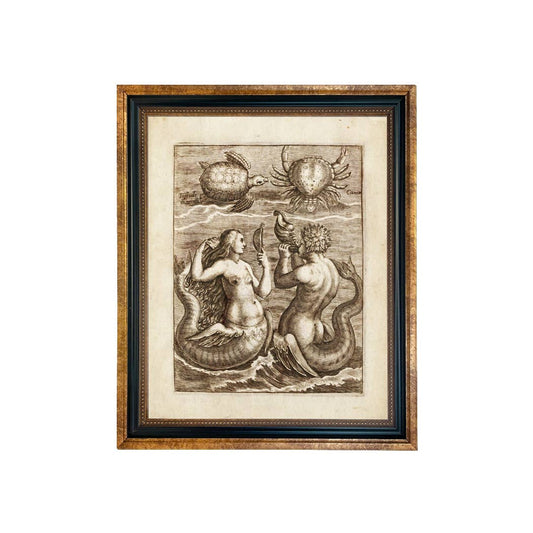 Mermaid & Merman Nautical Illustration Print Behind Glass