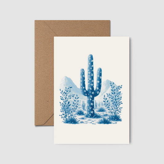 Desert Cactus Greeting Card, Blue Minimalist Saguaro 