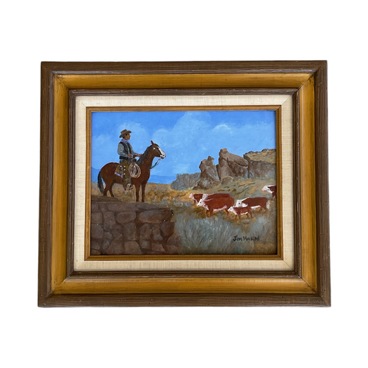 Framed Western Oil Painting - Cowboy on Horse with Cattle