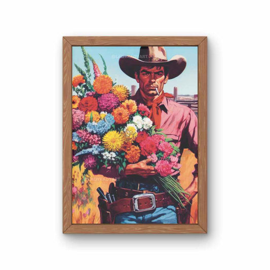 Floral Cowboy Art, Vintage Western Wall Decor, Cowgirl Art